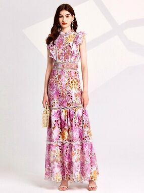 💖Hello Gorgeous!  Brocade Floral Lace Maxi Dress- Pink Purple